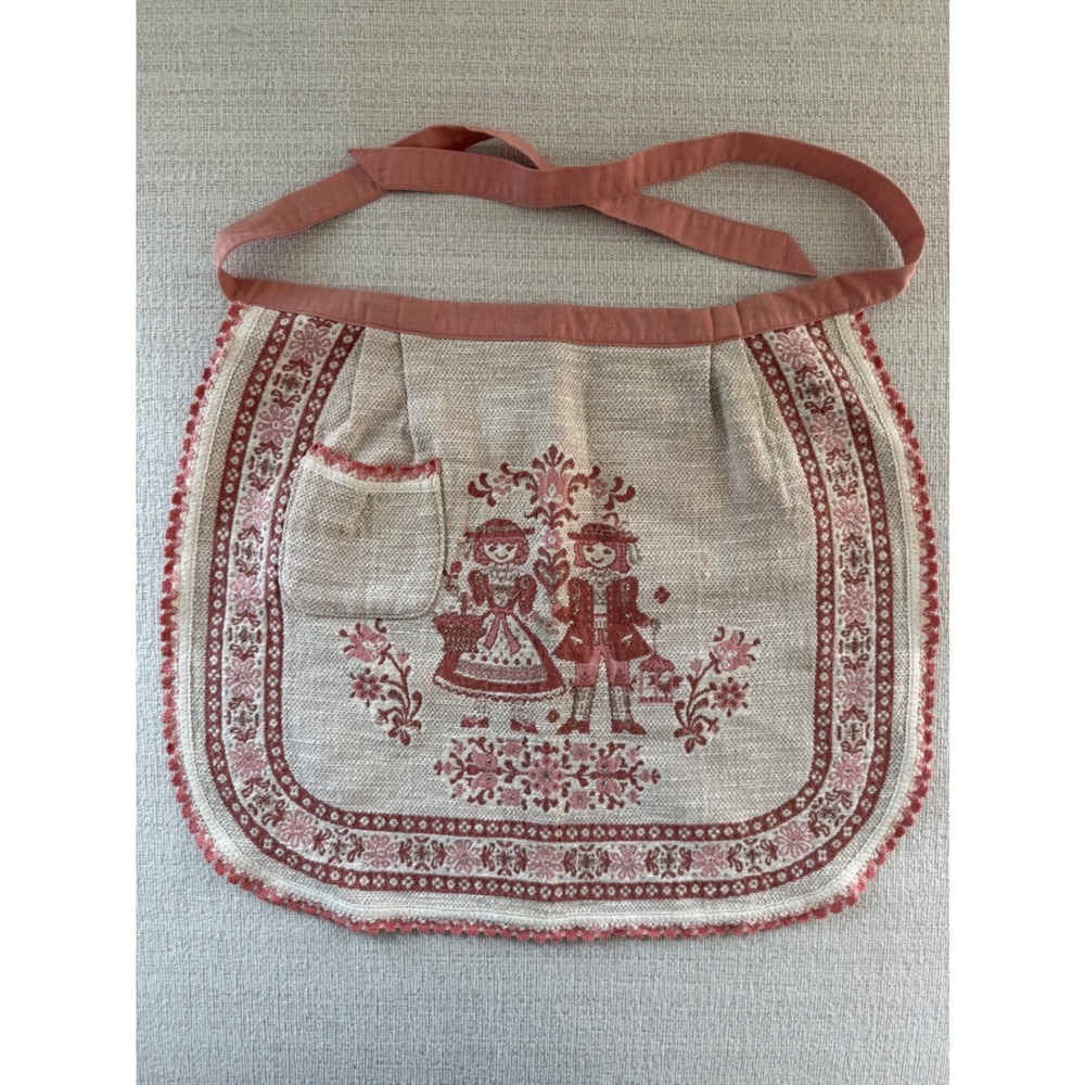 Vintage Kolf Austria Apron Linen Cotton Crochet Trim One Size Pink White